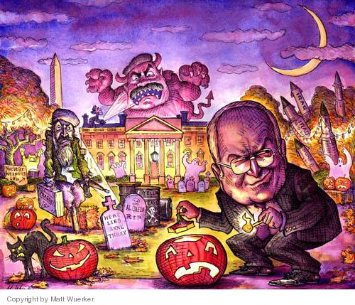 No caption.  (Vice President Dick Cheney lights a jack-o-lantern on the White House lawn which has been turned into a fright house.  It features Sadham Hussein popping up behind the White House, Osama bin Laden carrying a briefcase, a mound of nuclear missiles along with ghosts, a black cat and graves, including one for Anne Thrax.