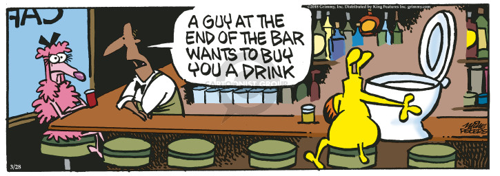 A guy at the end of the bar wants to buy you a drink.
