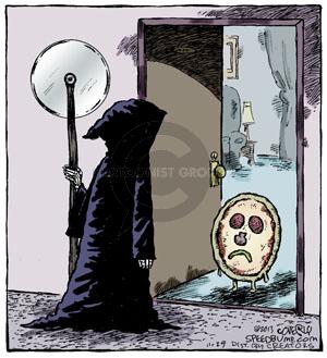 No Caption. (Death is seen standing at the door of a pizza holding a pizza cutter.)