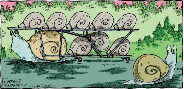 No Caption. (A snail is shown towing snail shells on a trailer in the manner of a semi truck towing cars to an auto dealer.)