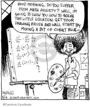 Good morning. Do you suffer from math anxiety? Well, Im going to show you how to solve this little equation. Get your drawing brush and well start by mixing a bit of cobalt blue �